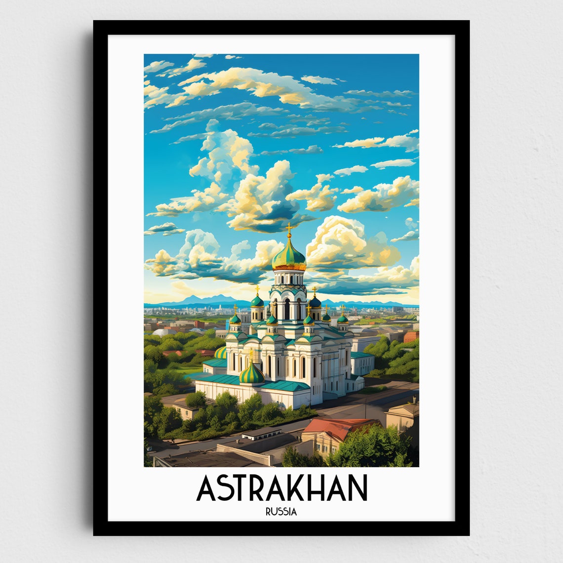 Astrakhan White Cathedral Green Gold Onion Domes Russia Travel Poster