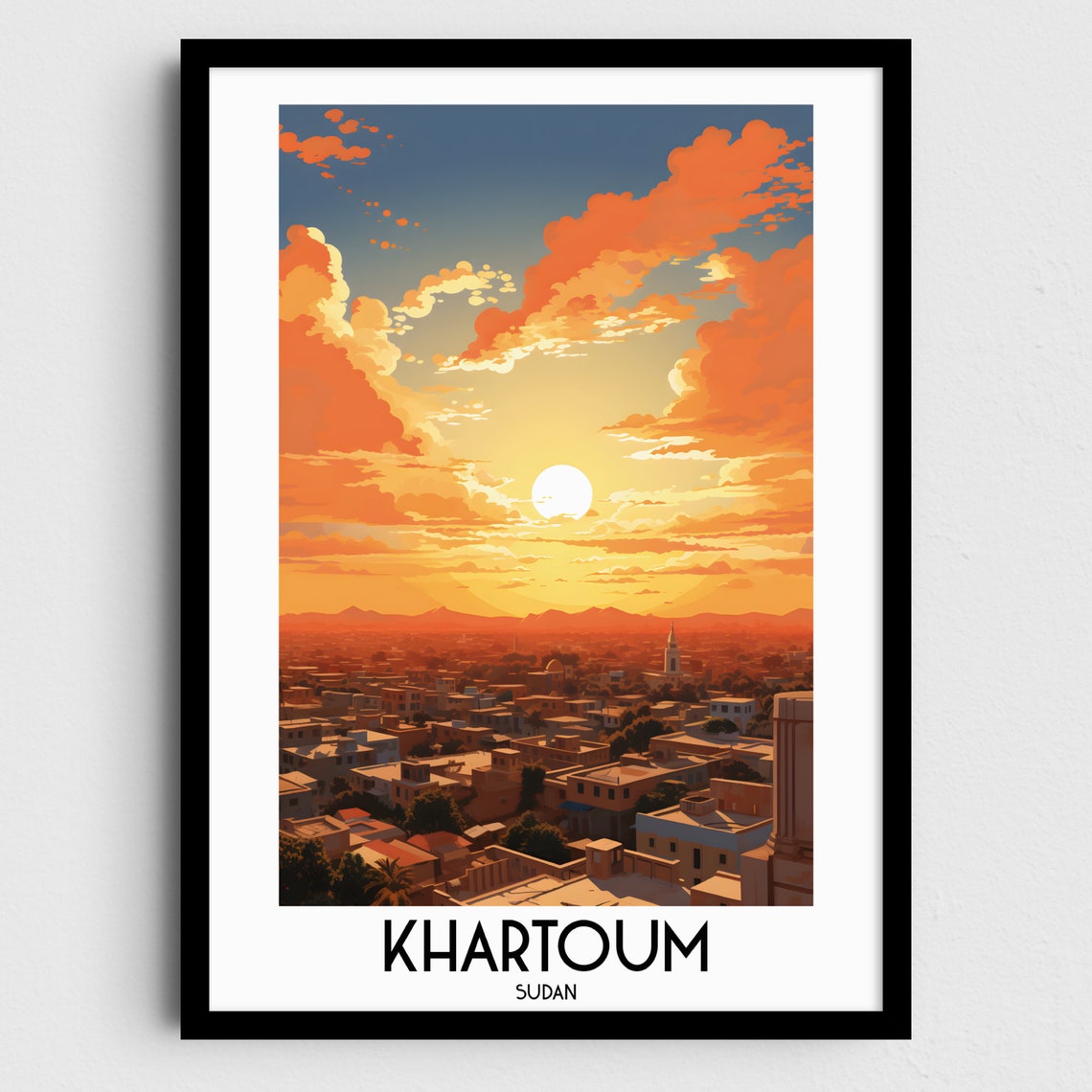 Khartoum Sudan Cityscape Golden Sunset Vintage Travel Poster