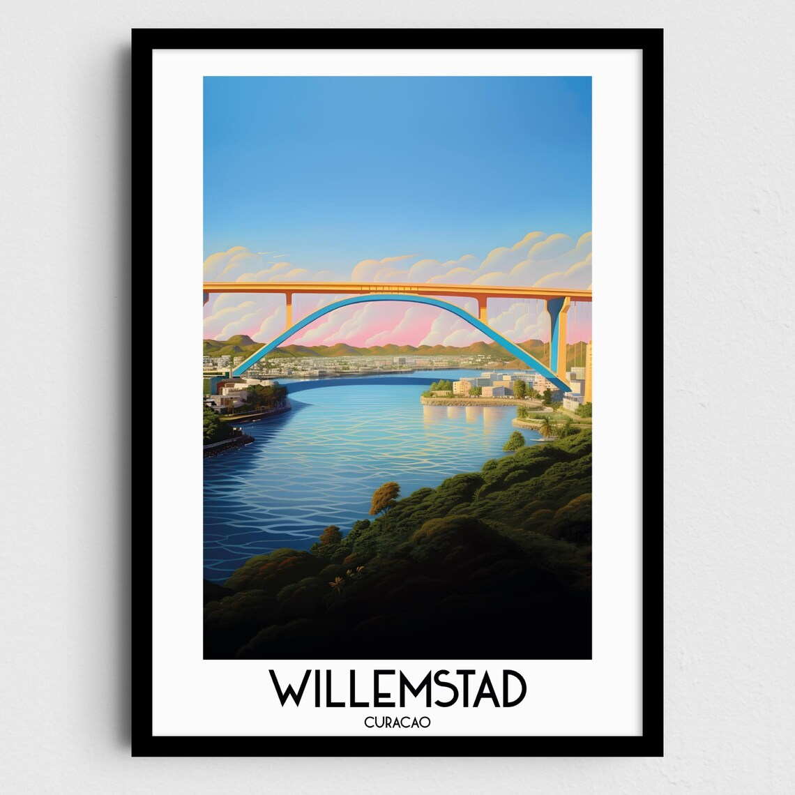 Willemstad Curaçao Yellow Arch Harbor Bridge City Travel Poster