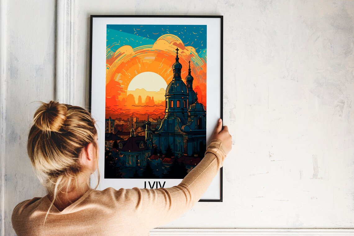 Lviv Golden Church Domes Fiery Sunset Old Town Ukraine Travel Poster - Image 2