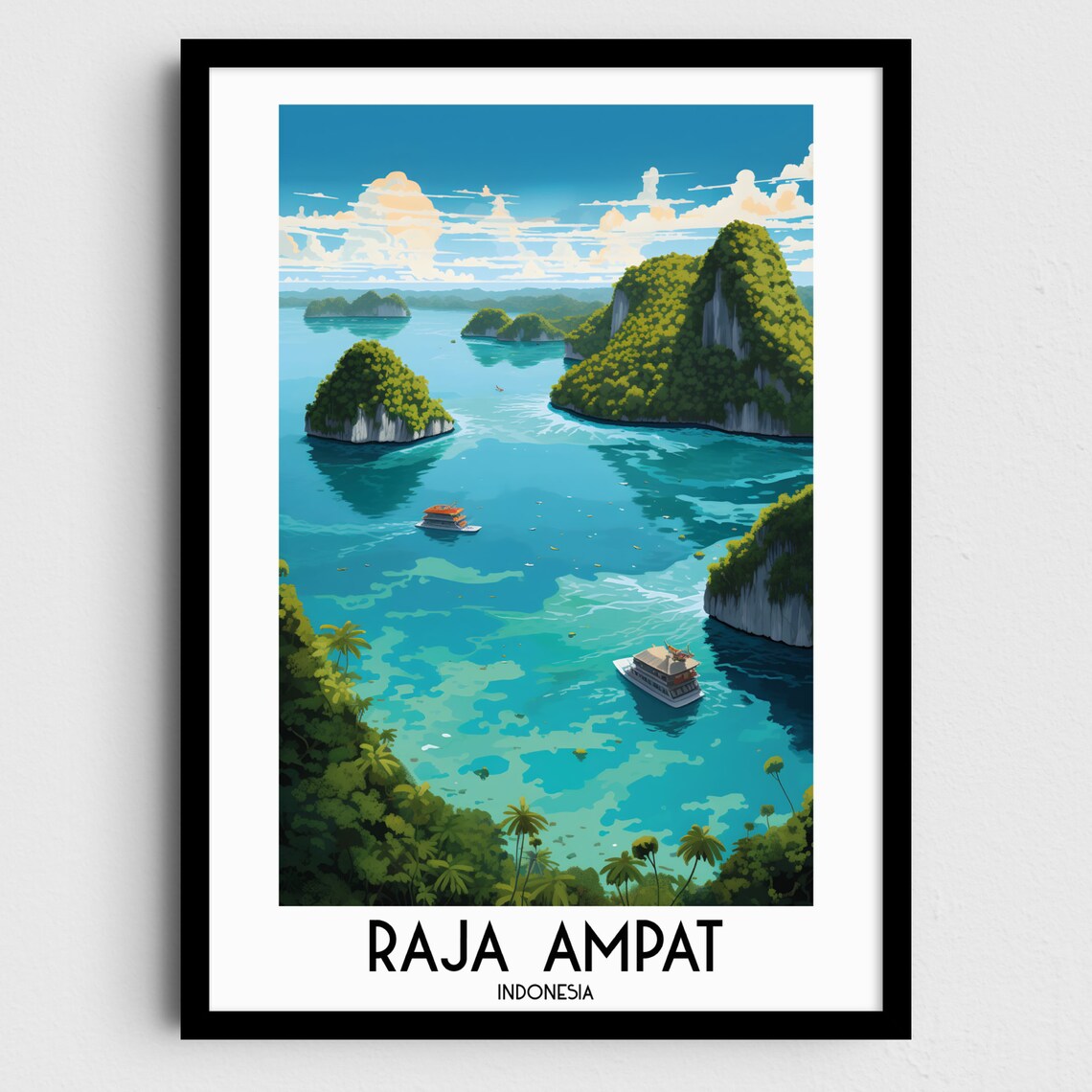 Raja Ampat Indonesia Aerial Archipelago Boat Bay Travel Poster