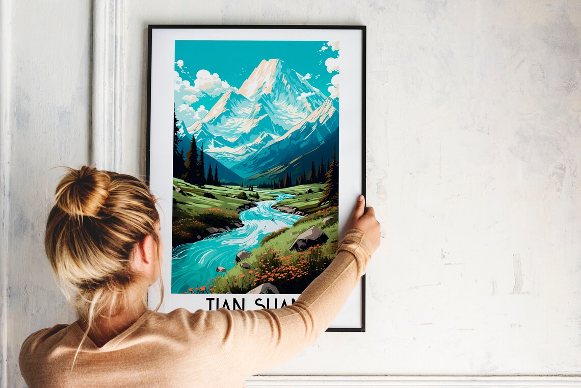 Tian Shan Asia Snow Capped Peaks Over Mountain River Travel Poster - Image 2