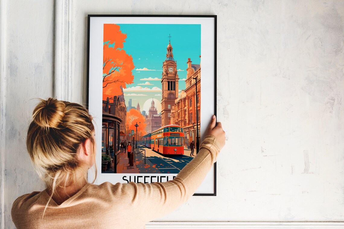Sheffield England Tram Street Clock Tower Autumn Glow Travel Poster - Image 2