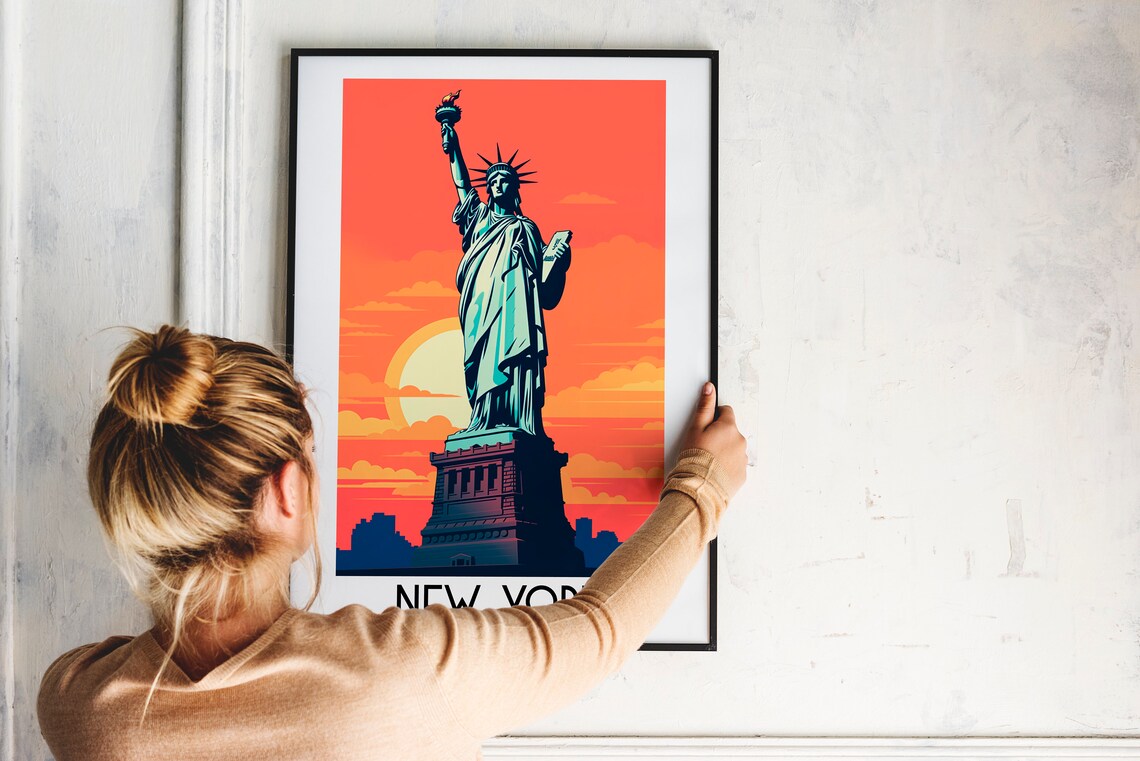 New York USA Statue of Liberty Sunset Vintage Travel Art Poster - Image 2