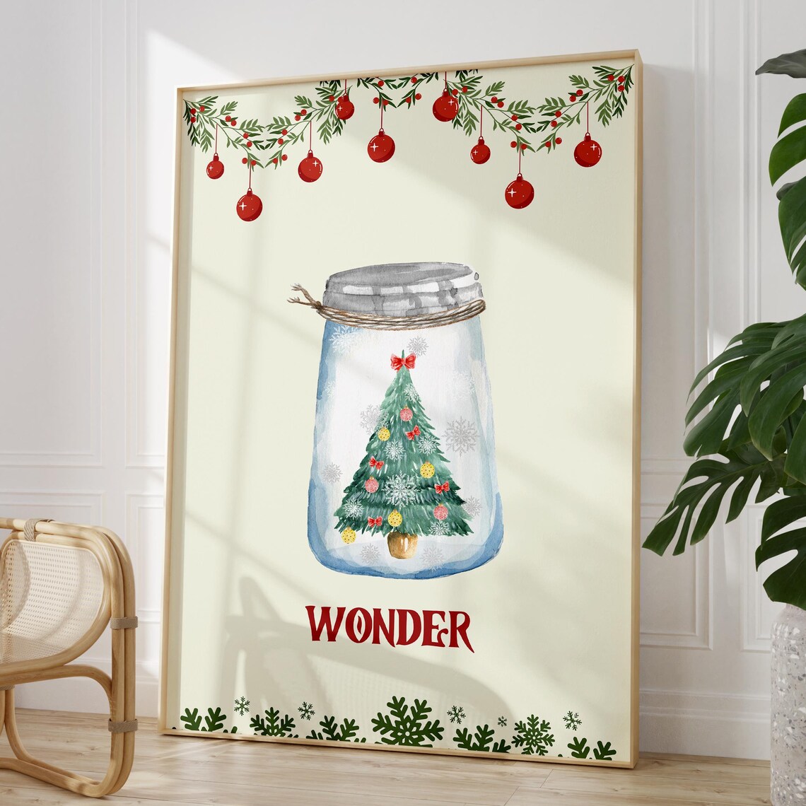 Wonder Christmas Tree in a Mason Jar Snowy Watercolor Poster