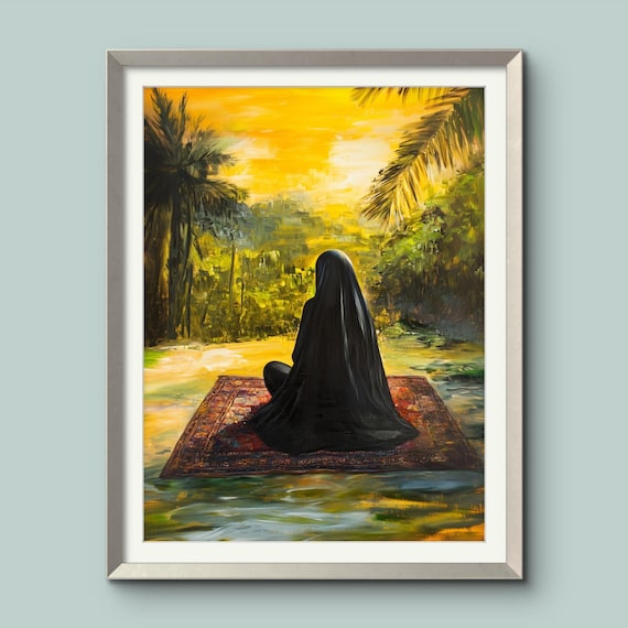 Islamic Woman Praying At Sunrise Tropical Muslim Art
