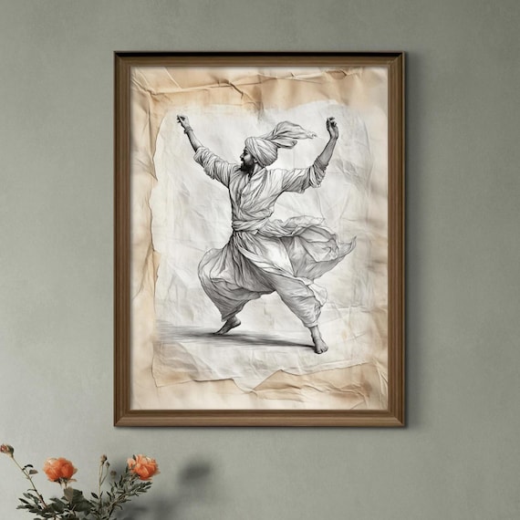 Bhangra Dancer Sketch Art Print Vintage Punjabi Folk Culture