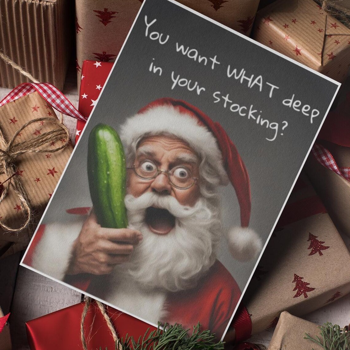 Cheeky Santa Stocking Humor Adult Christmas Card Design Poster
