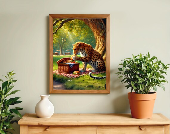 Leopard Enjoying a Sunny Picnic Under Big Trees Humor Poster