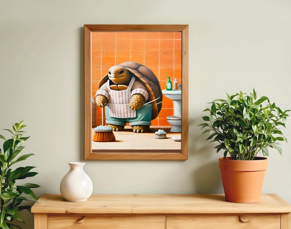 Turtle Mopping the Bathroom Floor in Apron Funny Animal Poster