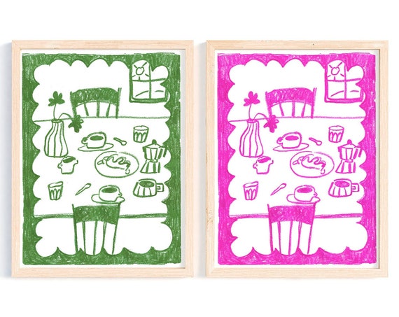 Kitchen Table Print Green Wall Art Magenta Prints Poster Drawing Oil Pastel Kitchen Art Coffee Bar Art Sabina Fenn