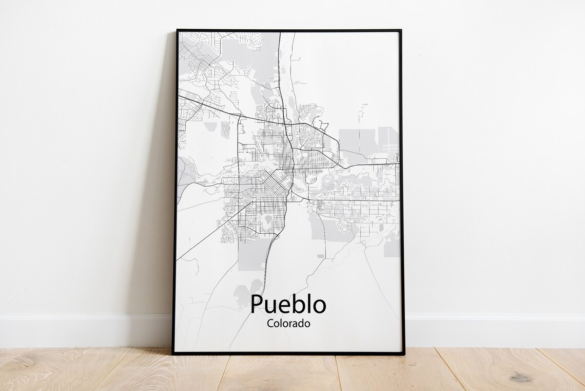 Pueblo Colorado Minimalist Black and White City Street Map Poster