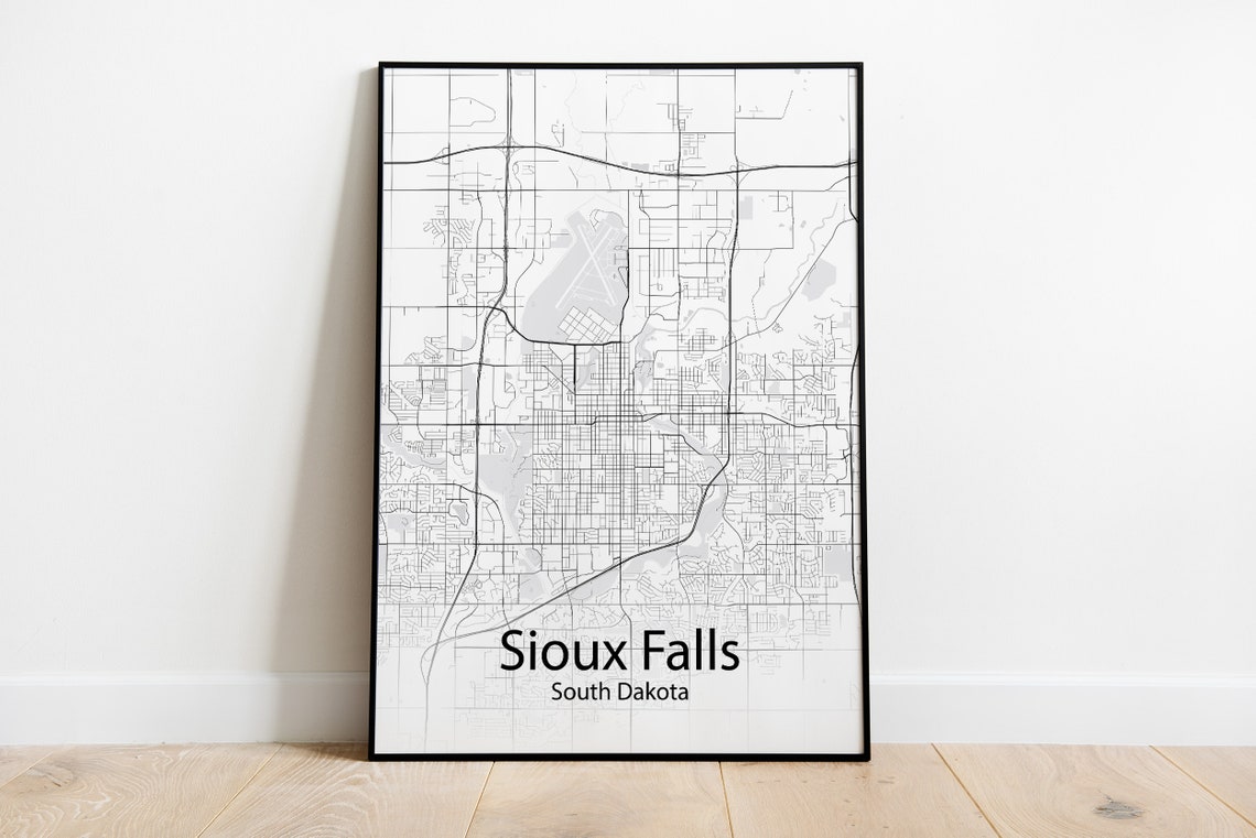Sioux Falls South Dakota Black and White Minimalist Street Map Poster