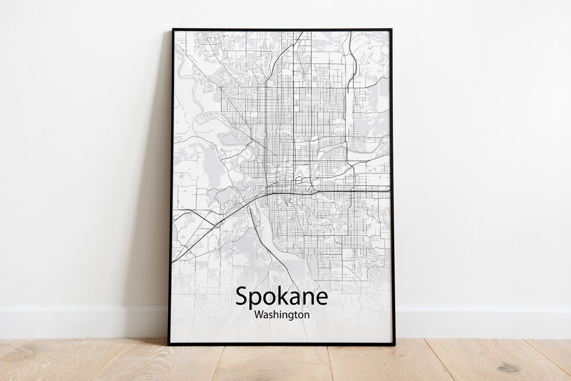 Spokane Washington Black and White Minimalist Street Map Poster