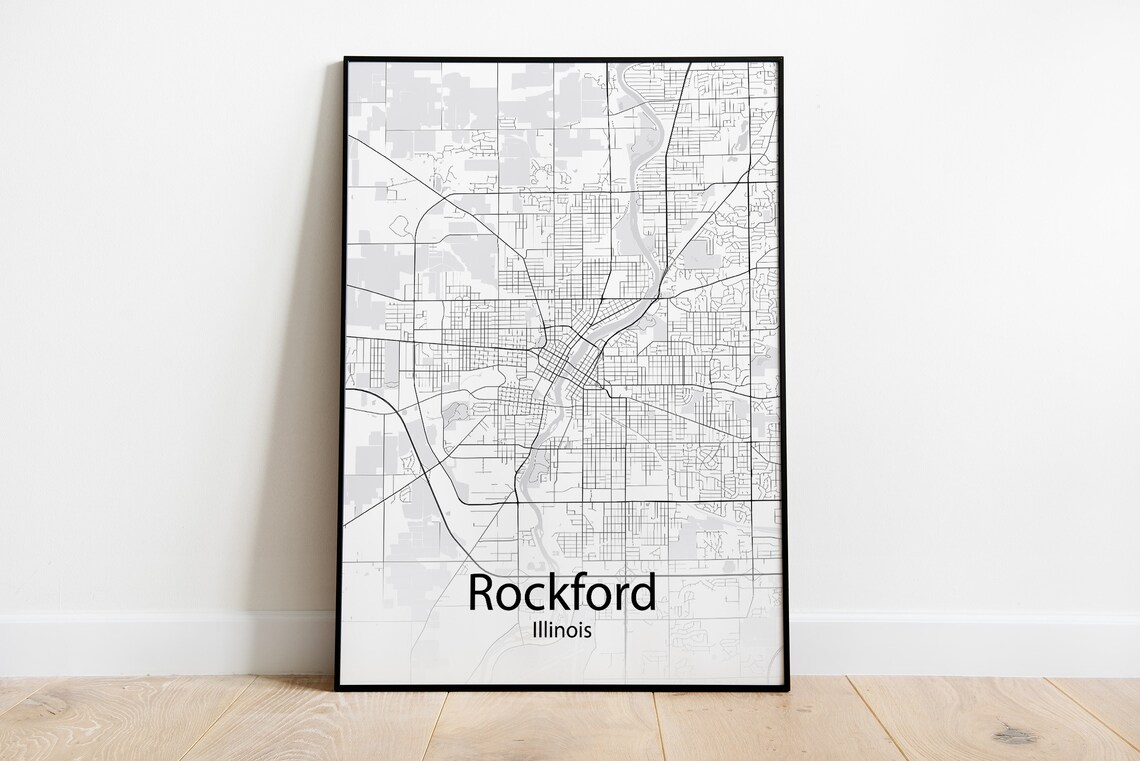 Rockford Illinois Minimalist Black and White City Street Map Poster