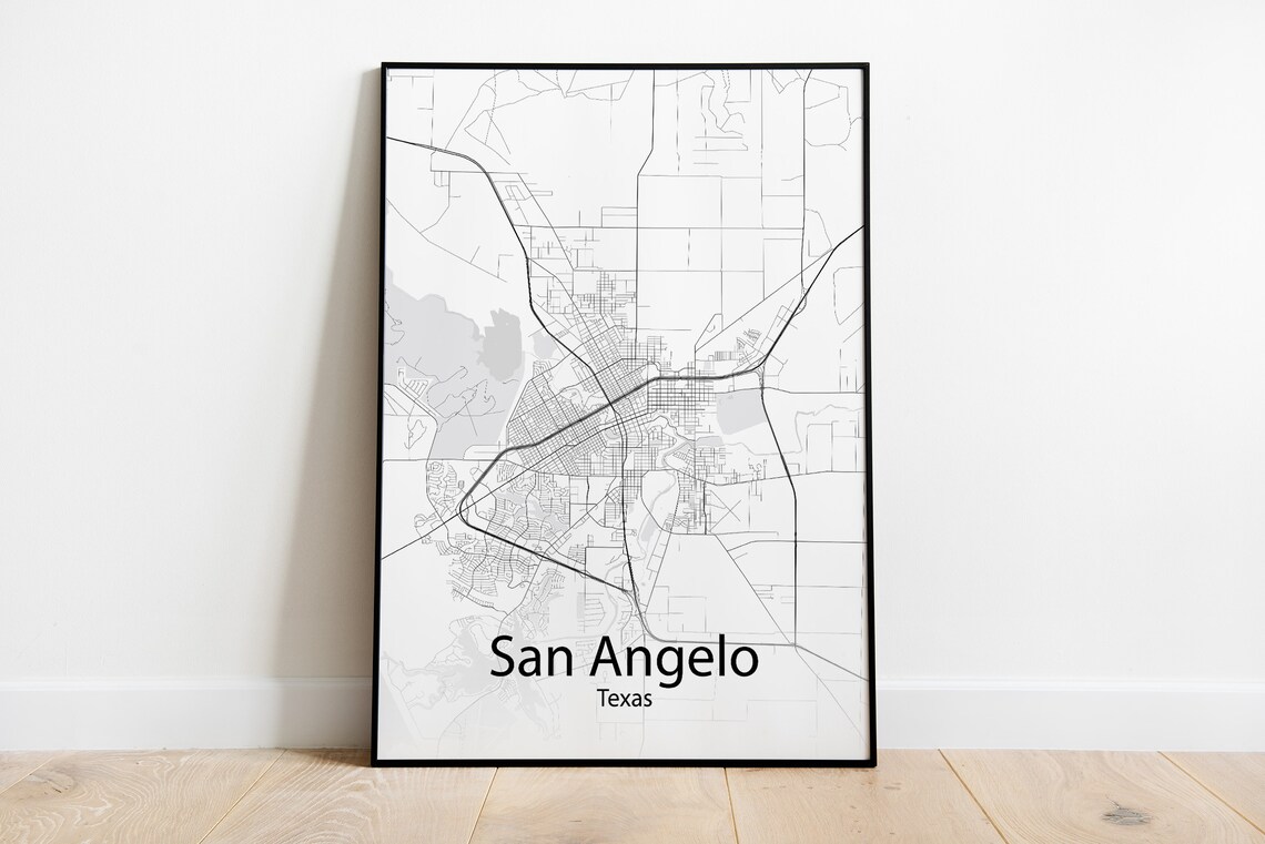 San Angelo Texas Black and White Minimalist Street Map Poster