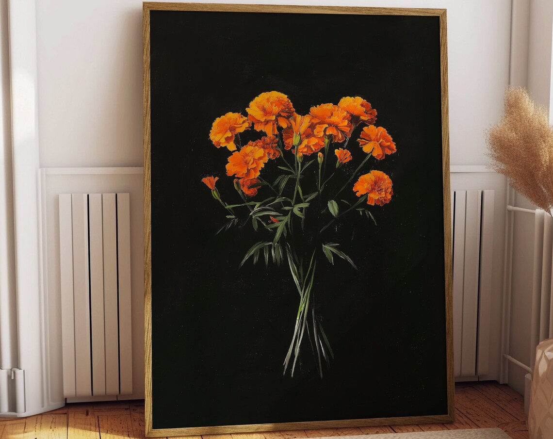 Vintage Orange Marigolds Antique Botanical Art Print