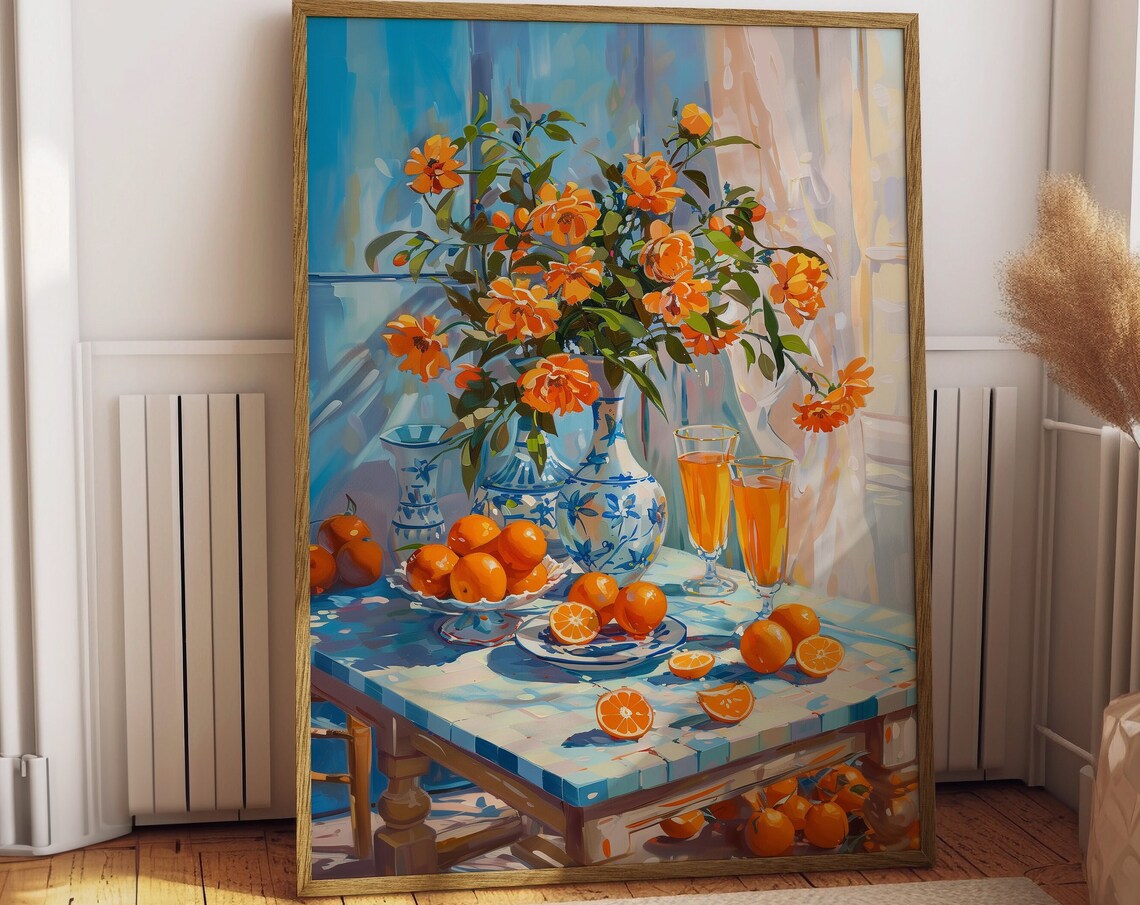 Orange Roses Still Life With Oranges And Juice Kitchen Art Poster