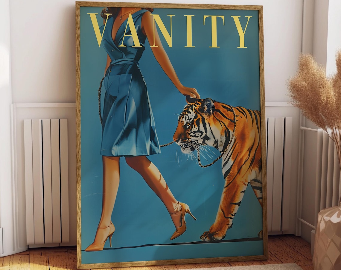 Vintage Woman Walking A Tiger Poster Print