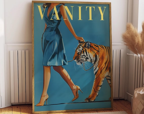 Vintage Woman Walking A Tiger Poster Print
