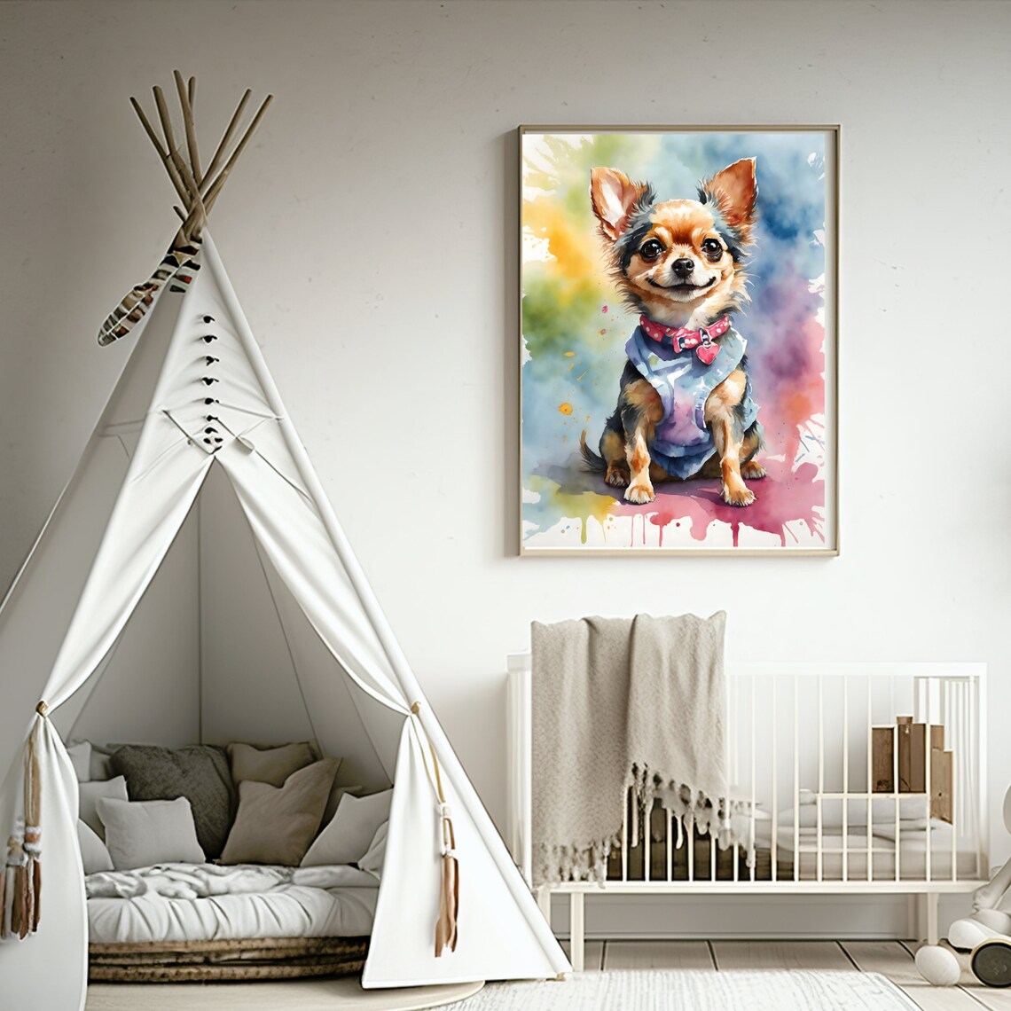 Chihuahua Puppy Denim Vest Colorful Watercolor Pet Art Poster - Image 2