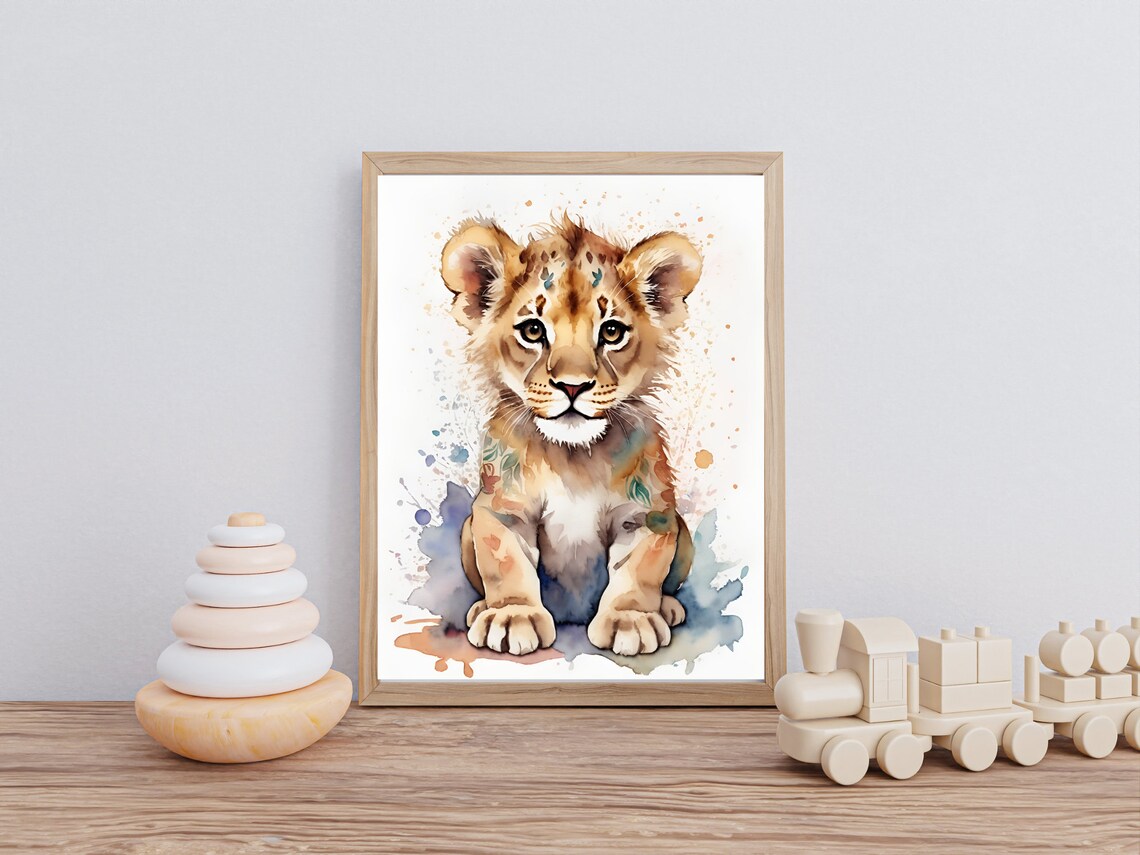 Baby Lion Cub Cute Watercolor Splash Animal Nursery Art Poster - Image 2