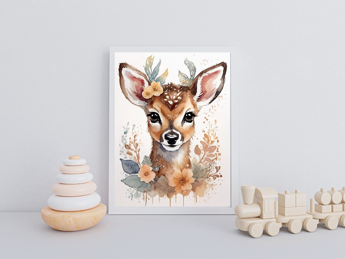 Cute Baby Deer Fawn Floral Watercolor Nursery Animal Art Poster - Image 2