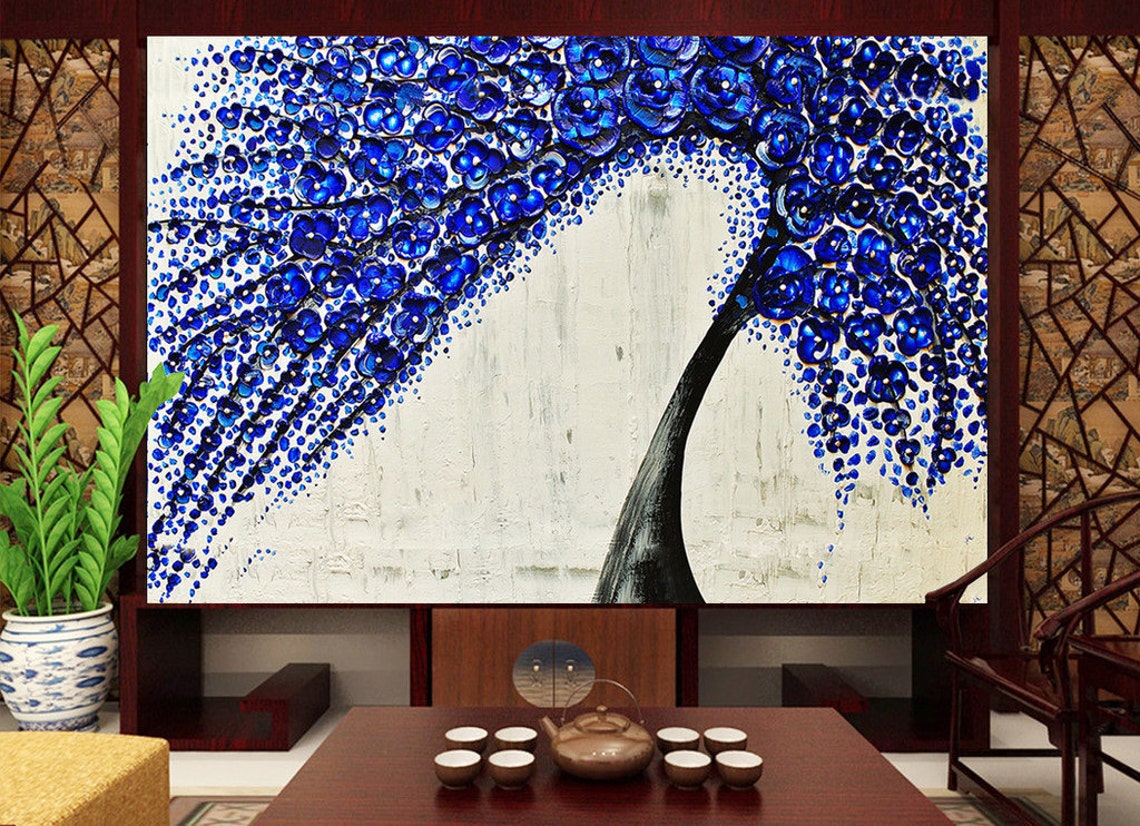 Enchanting Blue Flower Tree Palette Knife Jewel Tone Floral Poster - Image 2
