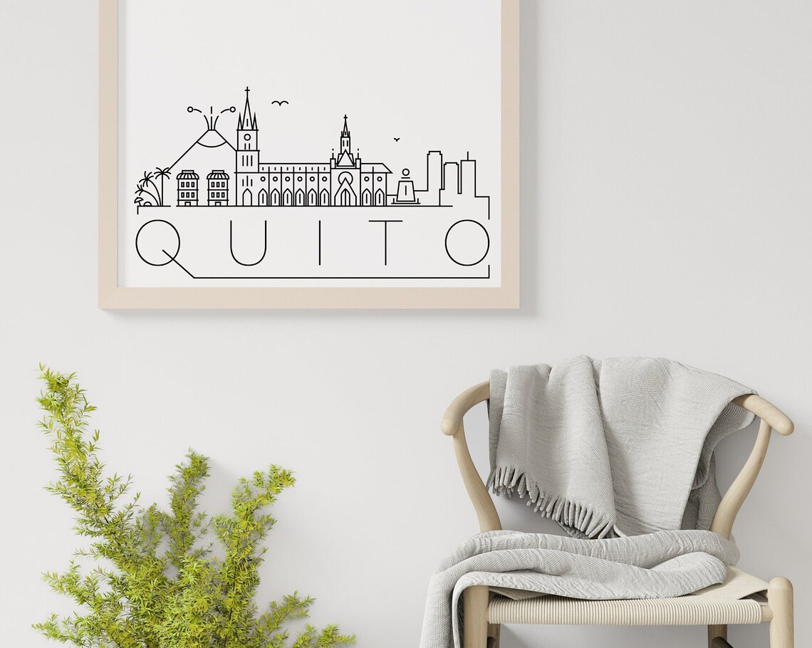 Quito Ecuador Minimalist Black White Line Art Skyline City Poster