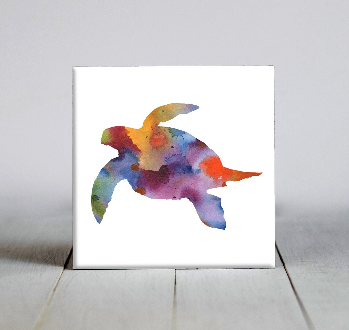 Green Sea Turtle Watercolor Ocean Wildlife Decorative Tile Art Poster - Image 2