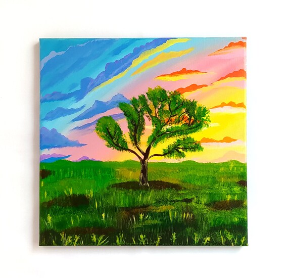 Bright Sunset Landscape Painting Scenery Nature Farm Tree Grass Sunset Painting On Housewarming Gift Wall Art Dcor