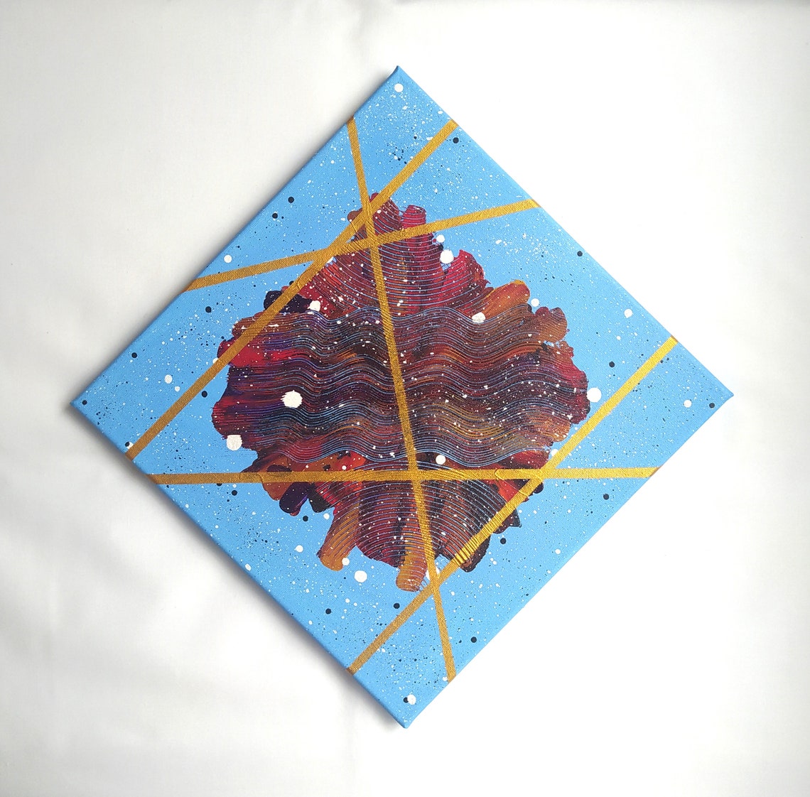 Blue Diamond Canvas Red Gold Abstract Geometric Splatter Art Print