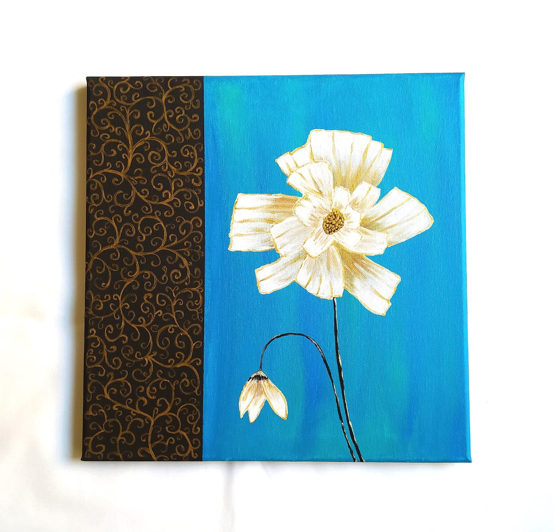 White Flower Turquoise Blue Gold Swirl Border Modern Painting Print