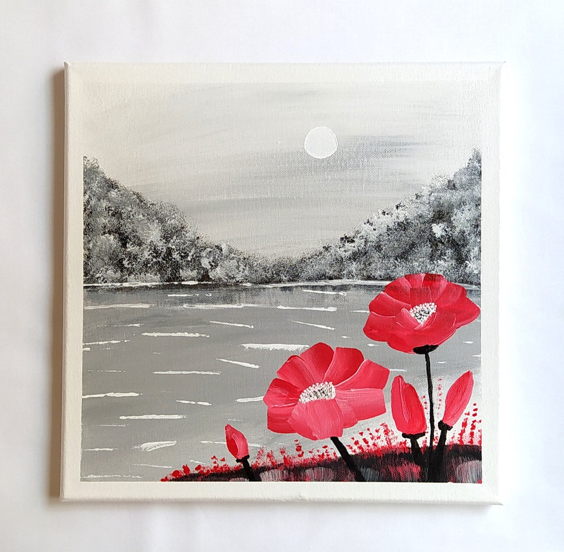 Red Poppies Black White Lake Moon Hills Dramatic Floral Canvas Print