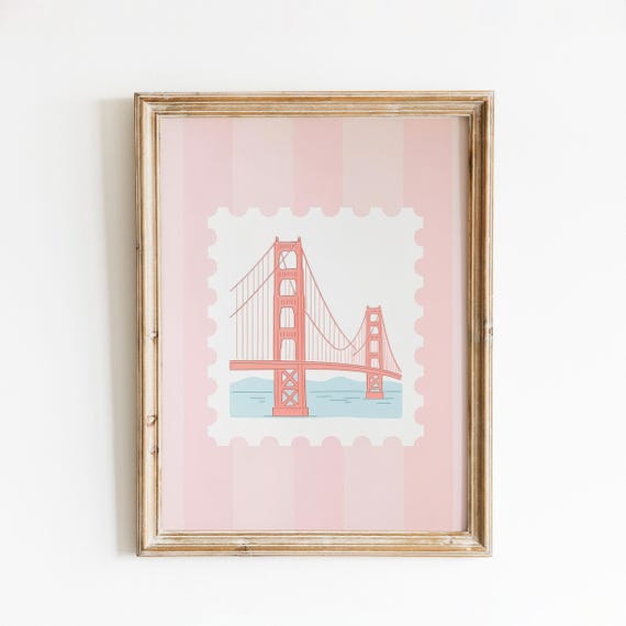 Golden Gate Bridge Poster Wall Art Stamp Style Pink Travel Illustration
