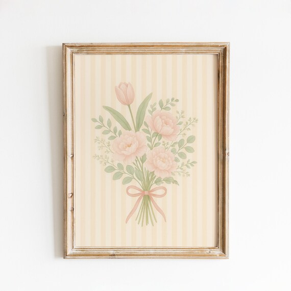Blush Peony Bouquet Watercolor With Bow On Beige Stripes Poster