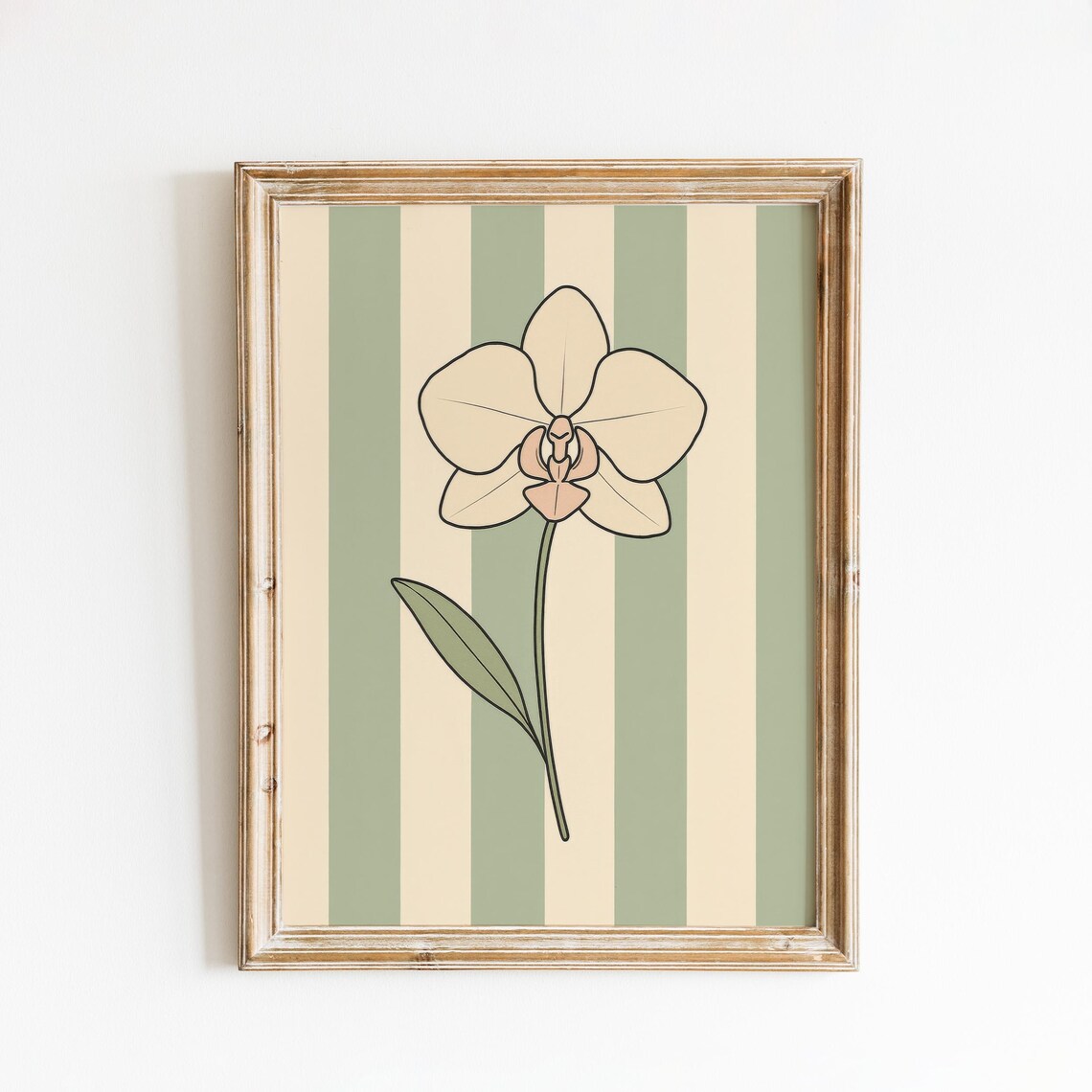 Minimalist Cream Orchid Line Art On Sage Striped Floral Poster