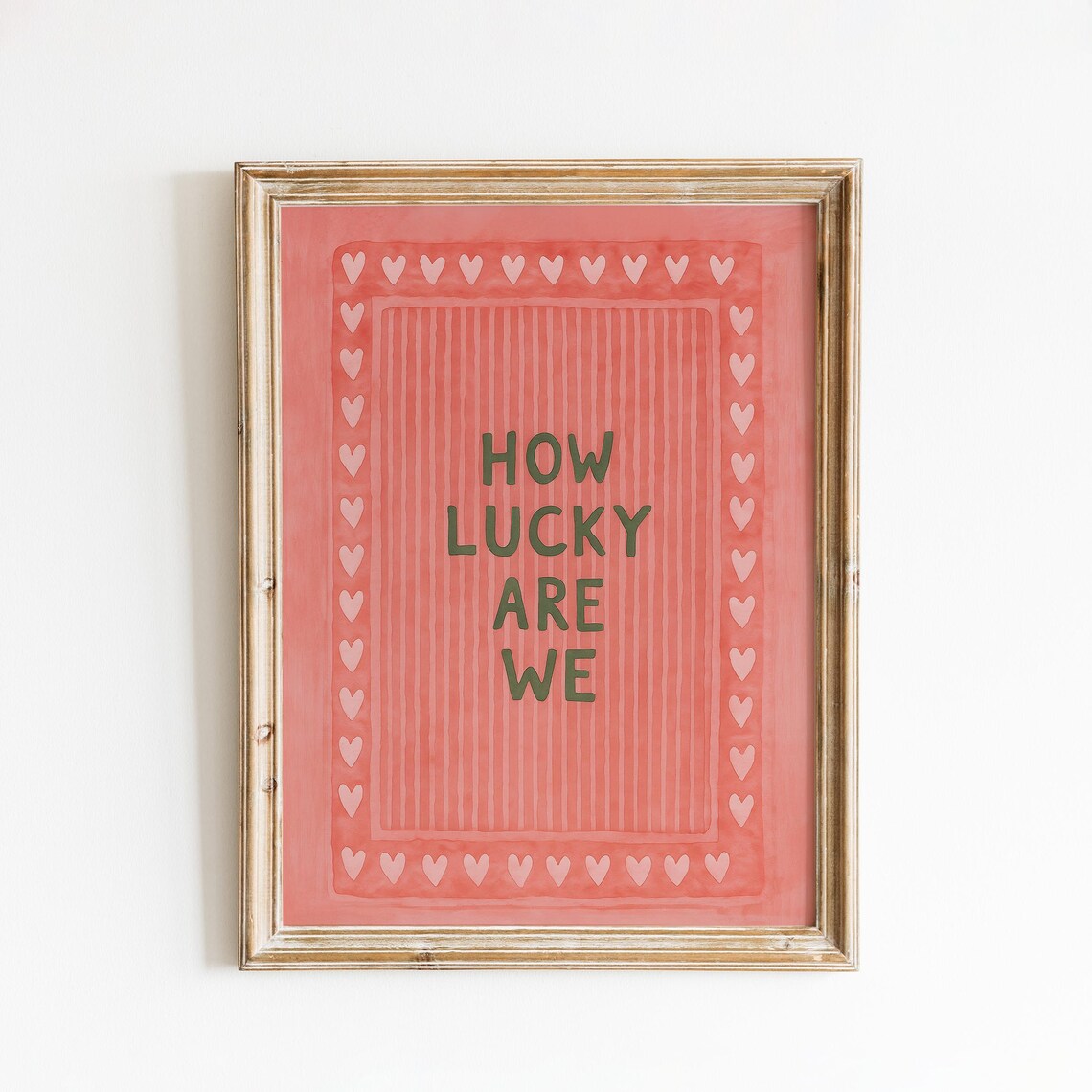How Lucky Are We Red Striped Heart Border Whimsical Quote Wall Art