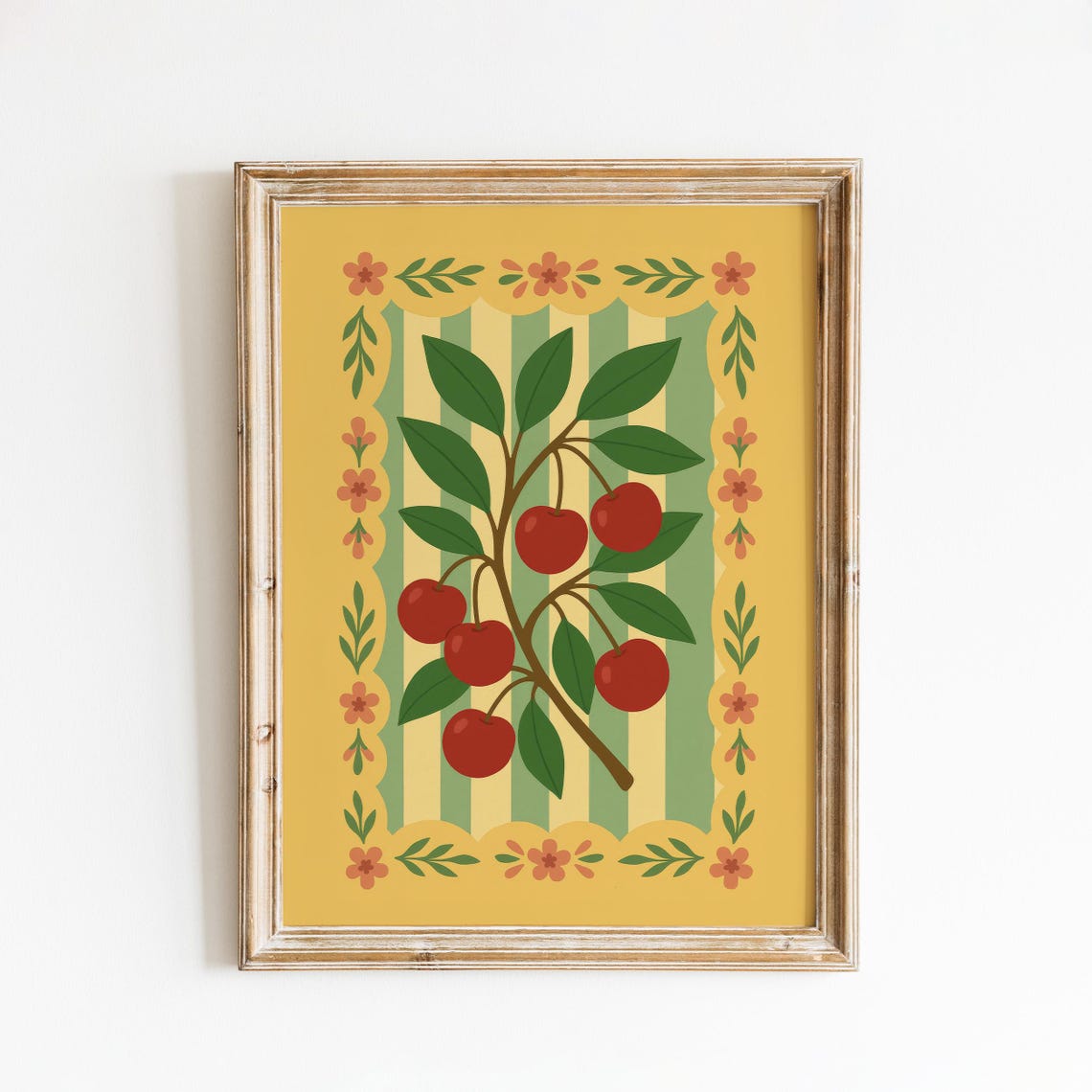 Retro Cherry Fruit Print Folk Art Style Kitchen Poster