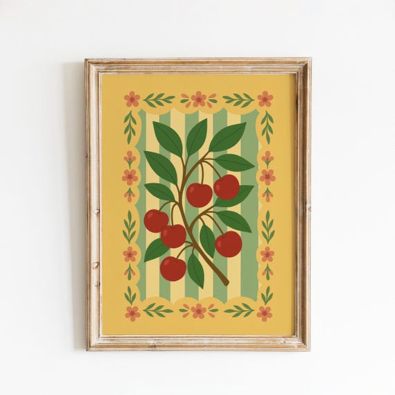 Retro Cherry Fruit Print Folk Art Style Kitchen Poster