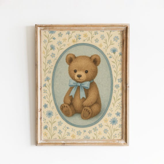Vintage Teddy Bear With Blue Bow Floral Nursery Boy Room Print