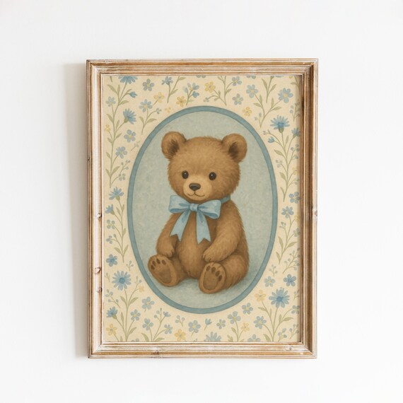 Vintage Teddy Bear With Blue Bow Oval Nursery Portrait Poster