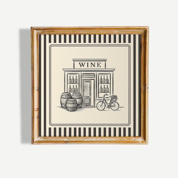 Vintage Wine Shop Illustration Black Striped Border Art Print