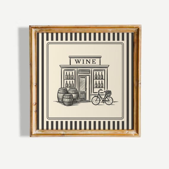 Vintage Wine Shop Illustration Poster Black Striped Border Wall Art