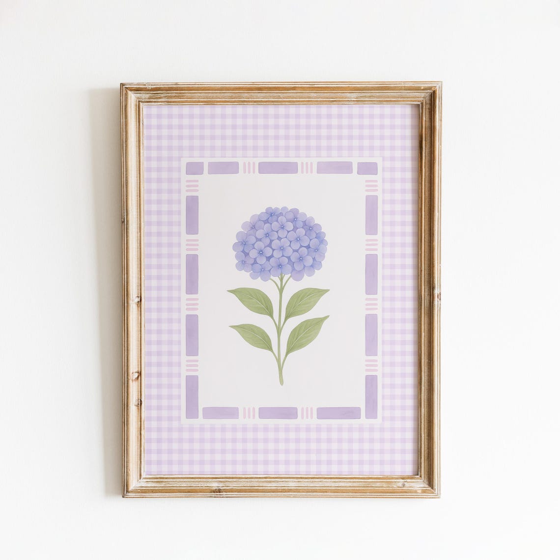 Purple Hydrangea Botanical Print With Lavender Gingham Border