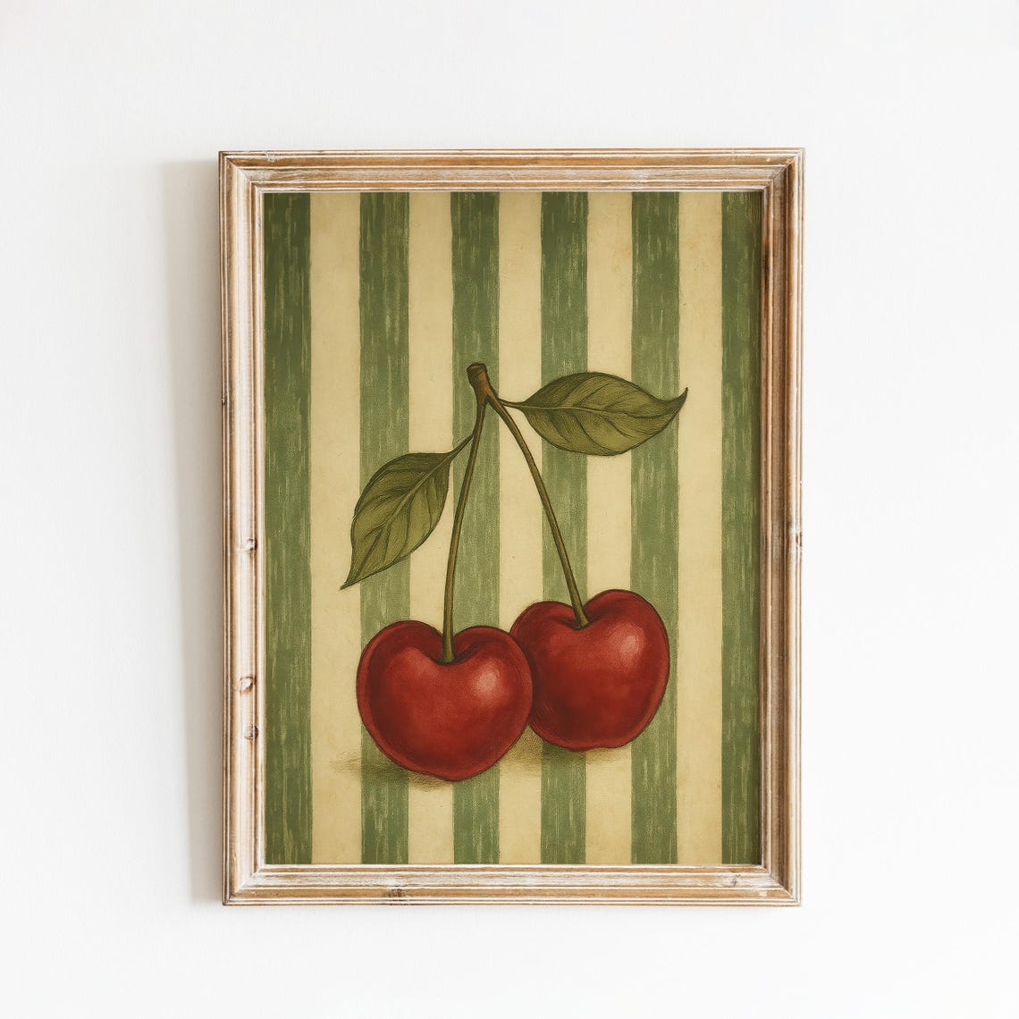 Cherry Wall Art Vintage Fruit Print With Green Striped Kitchen Background