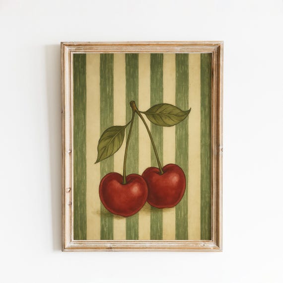 Cherry Wall Art Vintage Fruit Print With Green Striped Kitchen Background