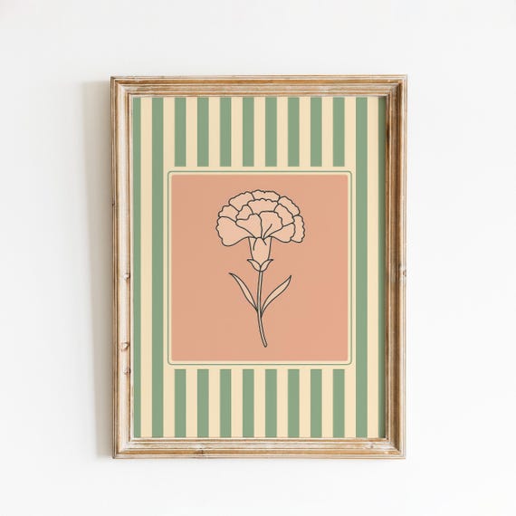 Minimal Carnation Line Art Vintage Floral Print With Peach Frame