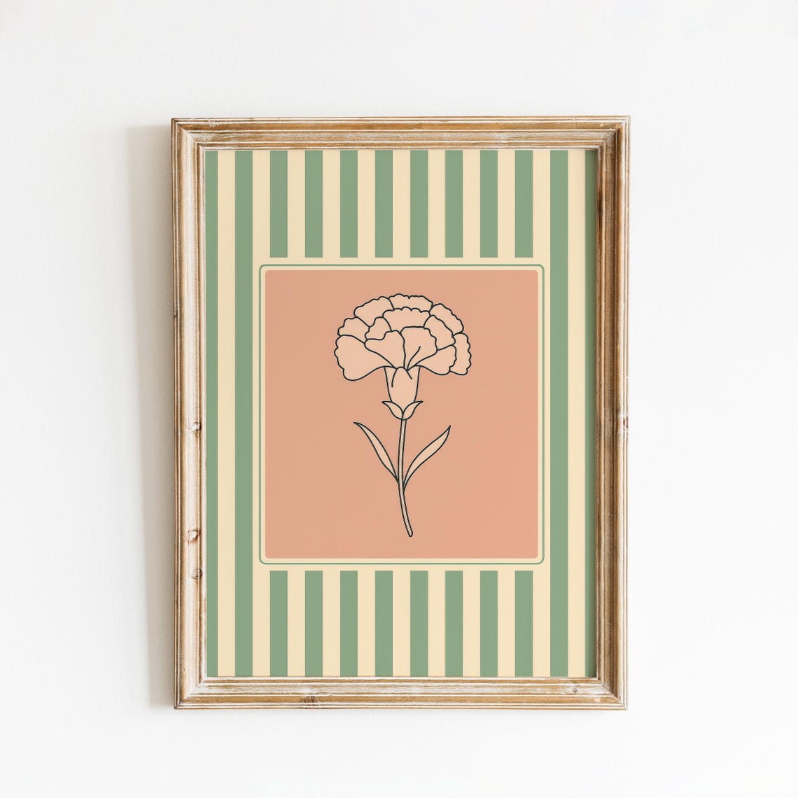 Blush Carnation Line Art Framed Panel Green Striped Vintage Poster