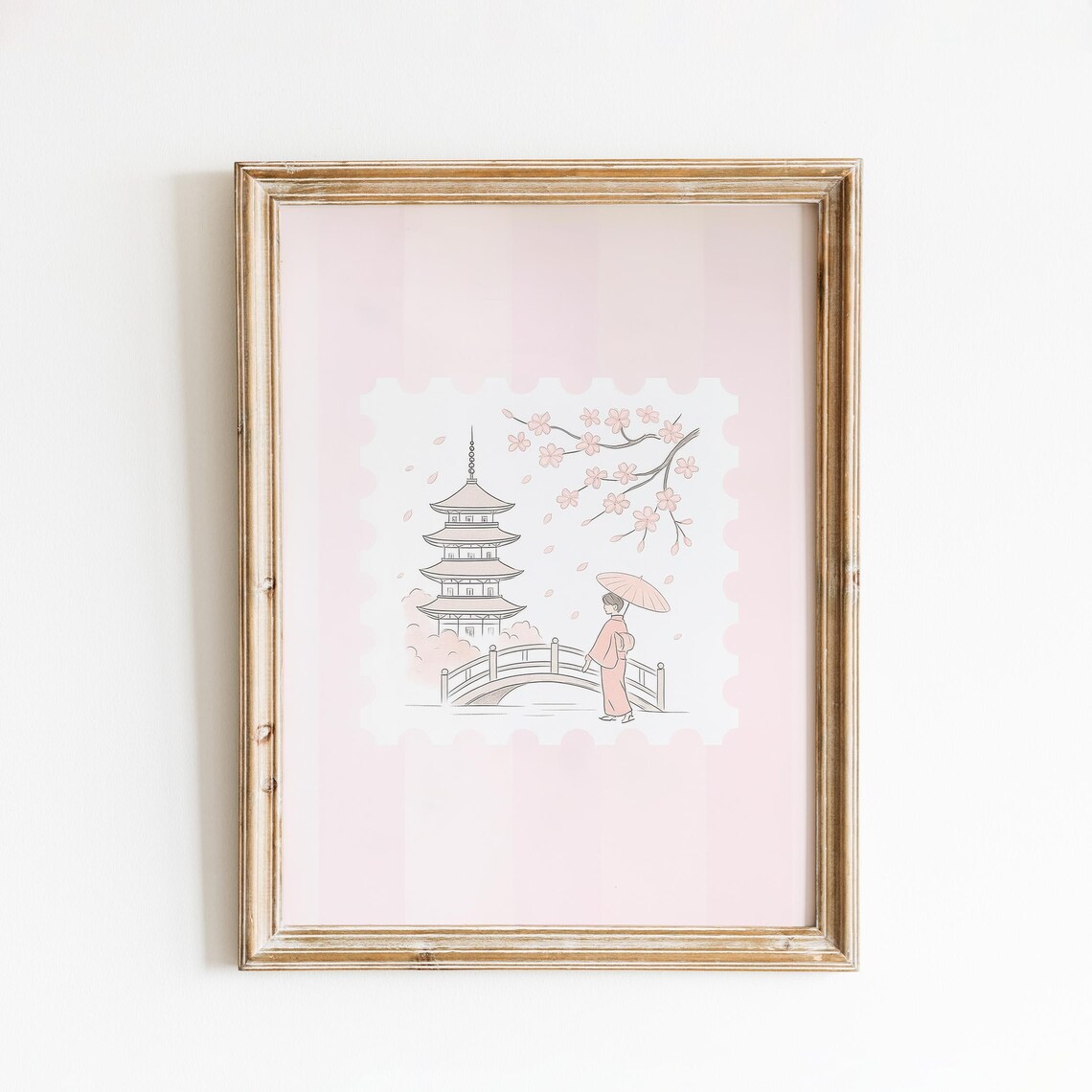 Japan Cherry Blossom Pagoda Kimono Woman Pastel Travel Poster